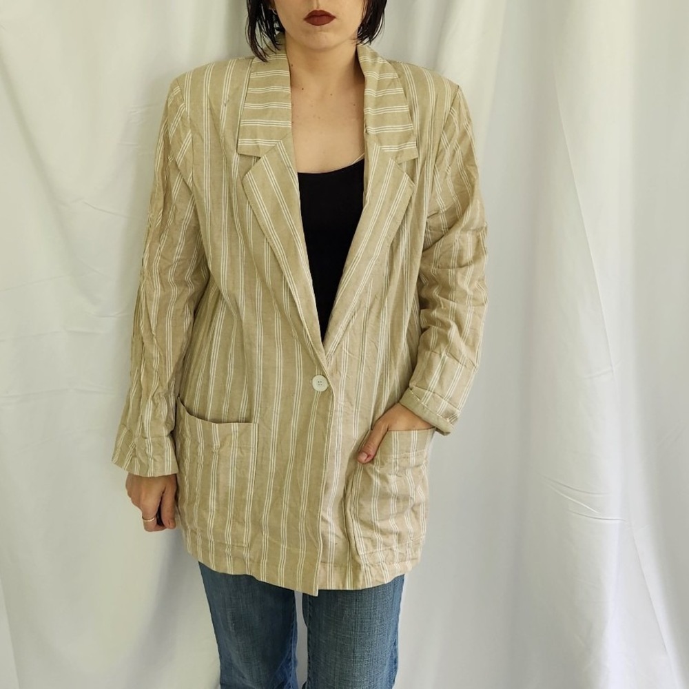 90s Tan and White Cotton‎ Striped Blazer